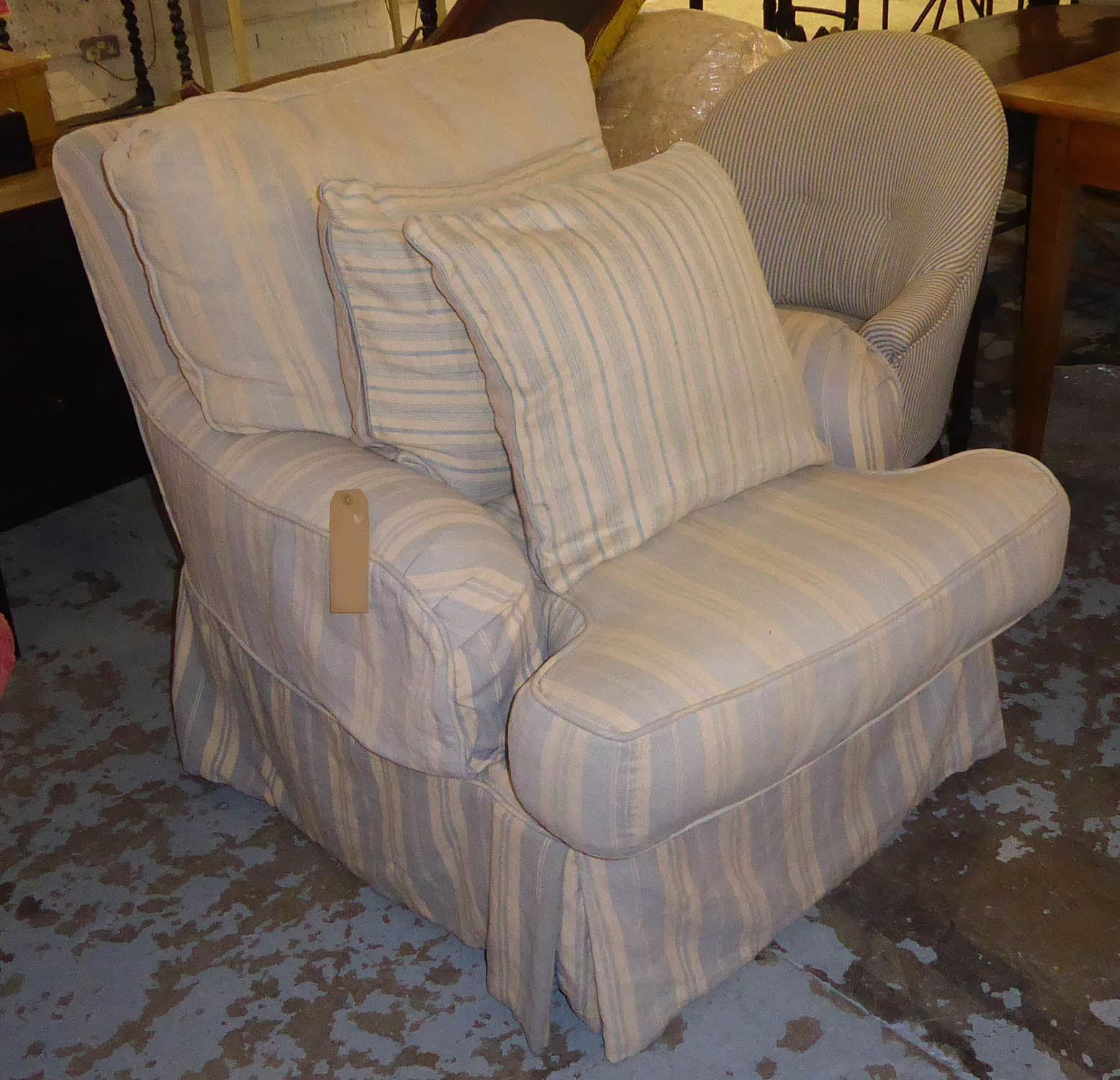 HOWARD STYLE ARMCHAIR, striped loose fabric cover with two scatter cushions, 82cm W.