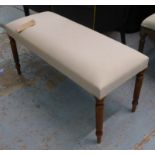 WINDOW SEAT, reeded turned supports, neutral upholstery, 98cm x 39cm x 49cm.