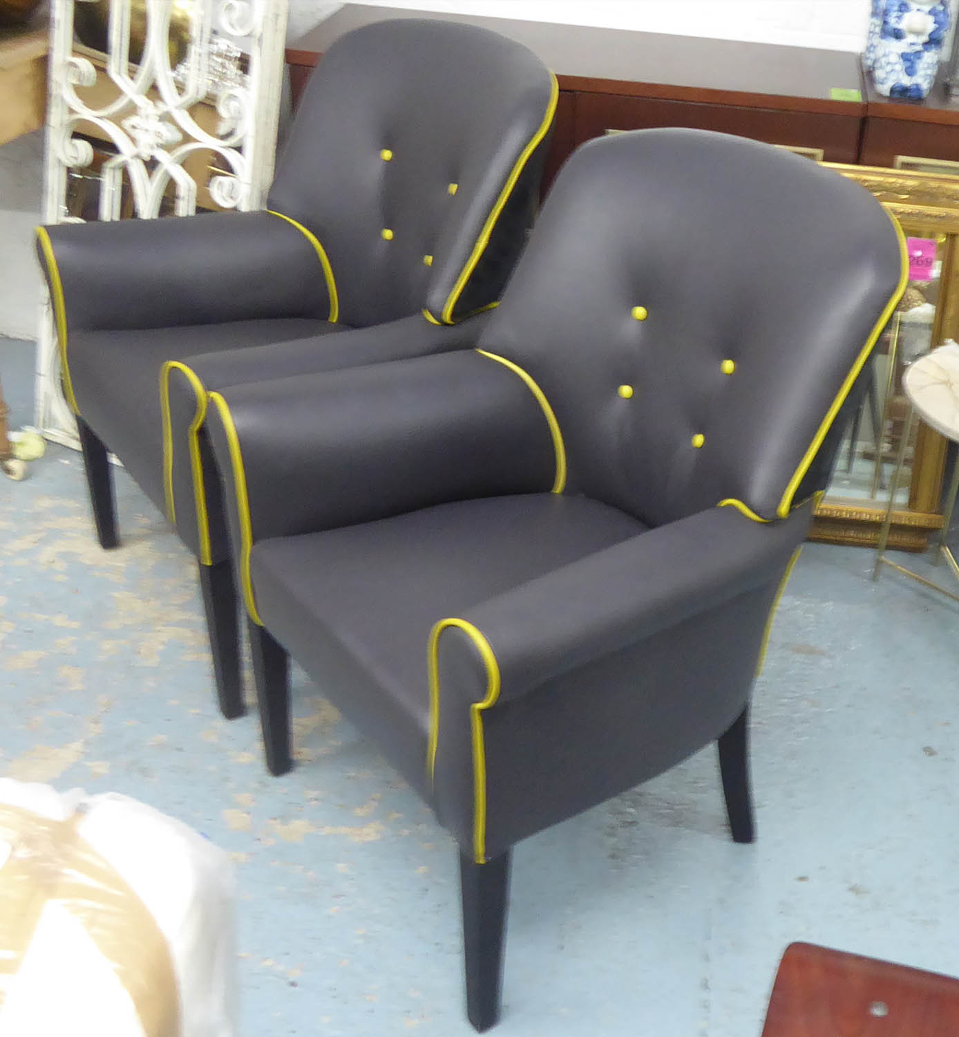 ARMCHAIRS, a pair, grey leather with yellow piping and a contrasting black velvet back, 68cm W x - Image 3 of 3