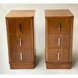 ART DECO BEDSIDE CHESTS, a pair, satinwood, each with three drawers and chrome handles, 36cm W x