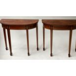 CONSOLE TABLES, a pair, George III design, flame mahogany and satinwood cross banded, with square
