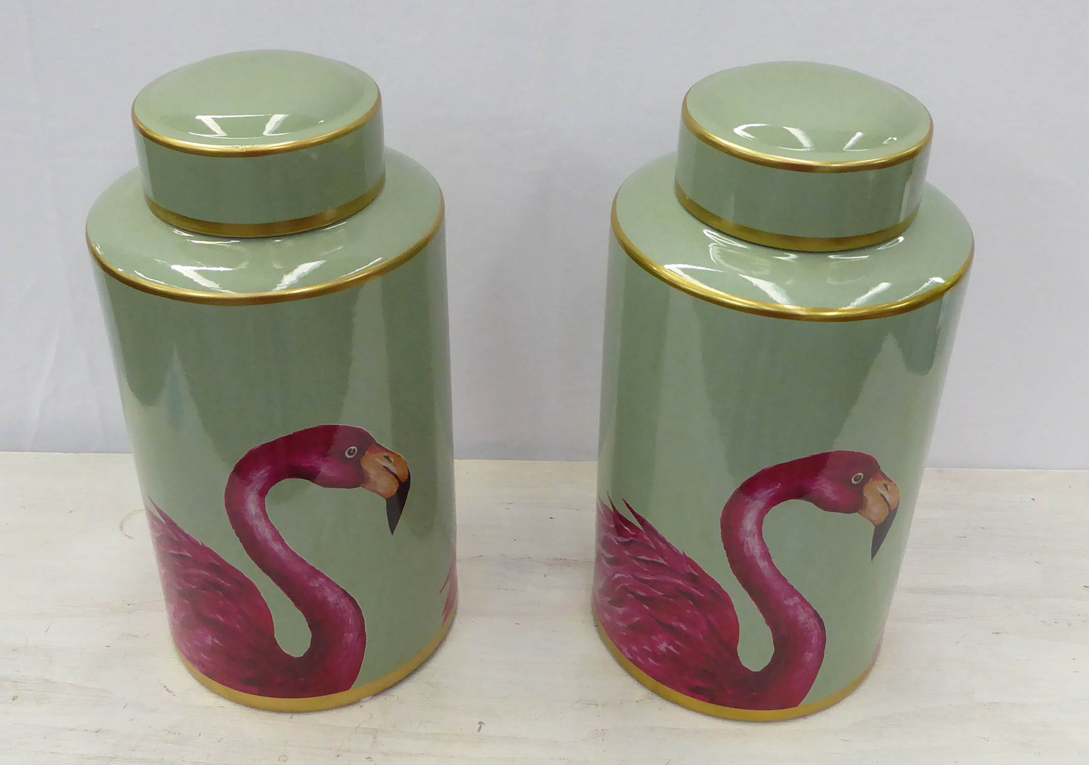 FLAMINGO JARS, a pair, with covers, 1950's Italian style, 41cm H. (2) - Image 2 of 4