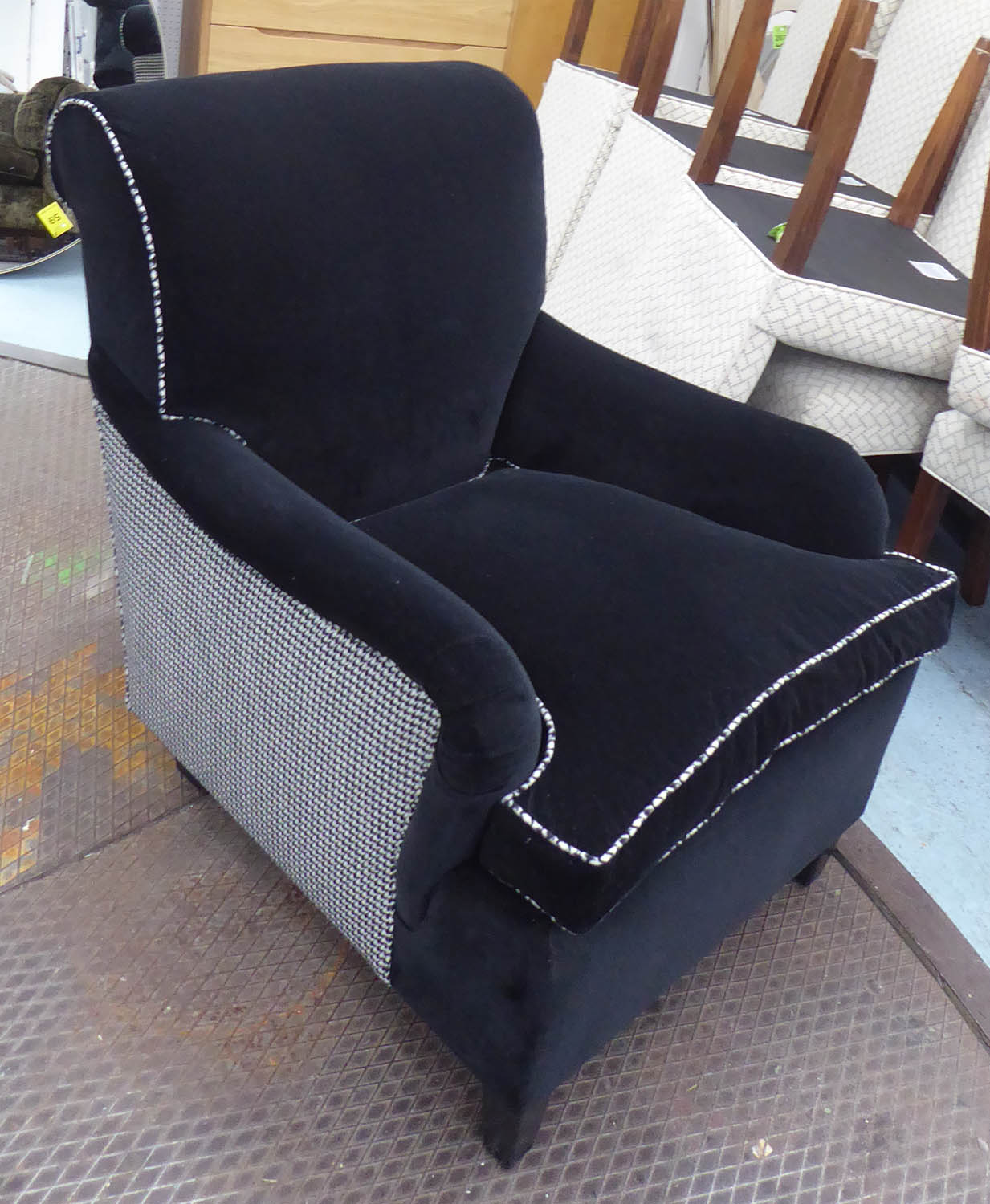 ARMCHAIR, with black velvet upholstery and a contrasting Houndstooth back and sides, 71cm W x 99cm