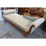 CHAISE LONGUE, with duck egg blue upholstery and inlaid decoration on short, swept scrolled feet,