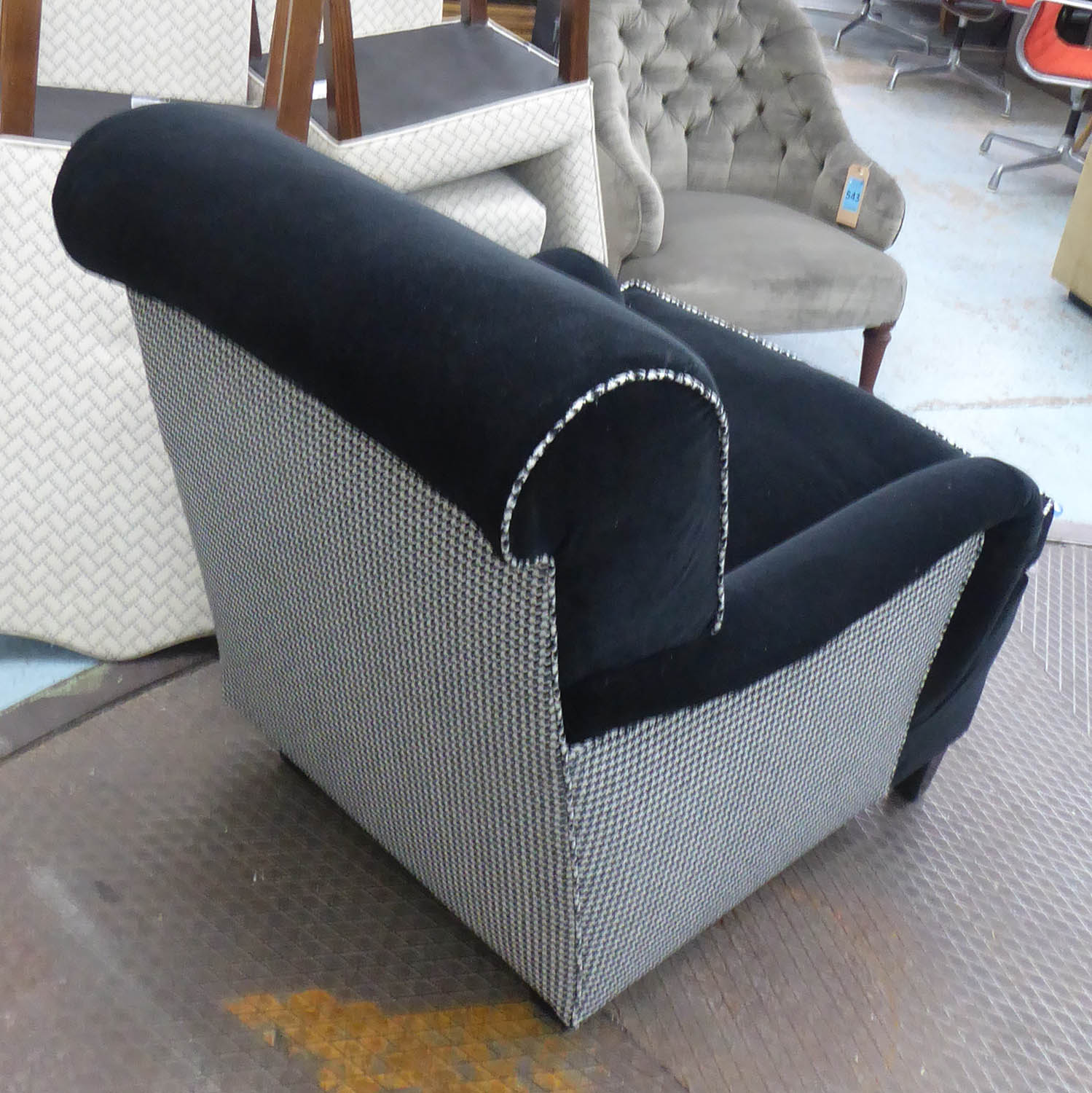ARMCHAIR, with black velvet upholstery and a contrasting Houndstooth back and sides, 71cm W x 99cm - Image 4 of 4