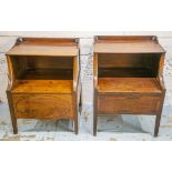 BEDSIDE COMMODES, two similar Regency mahogany and inlaid, each with hinged top and seat, both