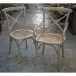 DINING CHAIRS, a set of eight, OKA style, grey painted, including two armchairs, with caned seats,
