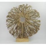 NATURAL WOOD SCULPTURE, together with a table candelabra, 62cm H sculptue, 70cm L candelabra. (2)