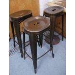 BAR STOOLS, a set of three, 1920's French style metal, 80cm H. (3)