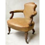 LIBRARY ARMCHAIR, William IV oak with shaped back, wide seat and reeded and beaded front supports,