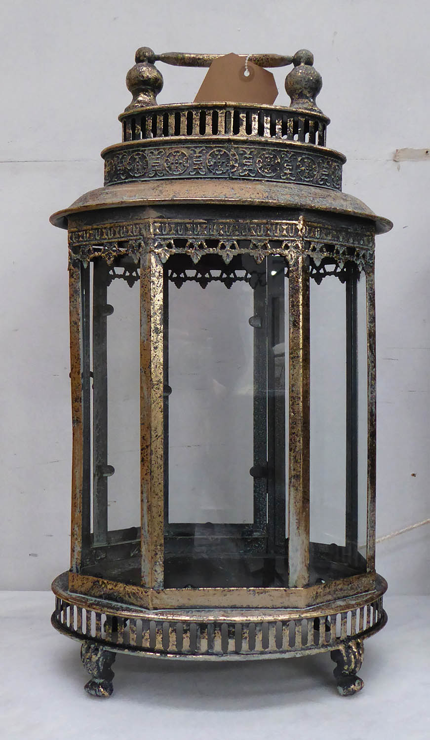 STORM LANTERNS, a set of three, antiqued gilt finish, 158cm H. (3) - Image 2 of 3