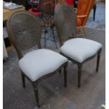 DINING CHAIRS, a set of six, French style with wicker back detail, neutral upholstery, 97cm H. (6)