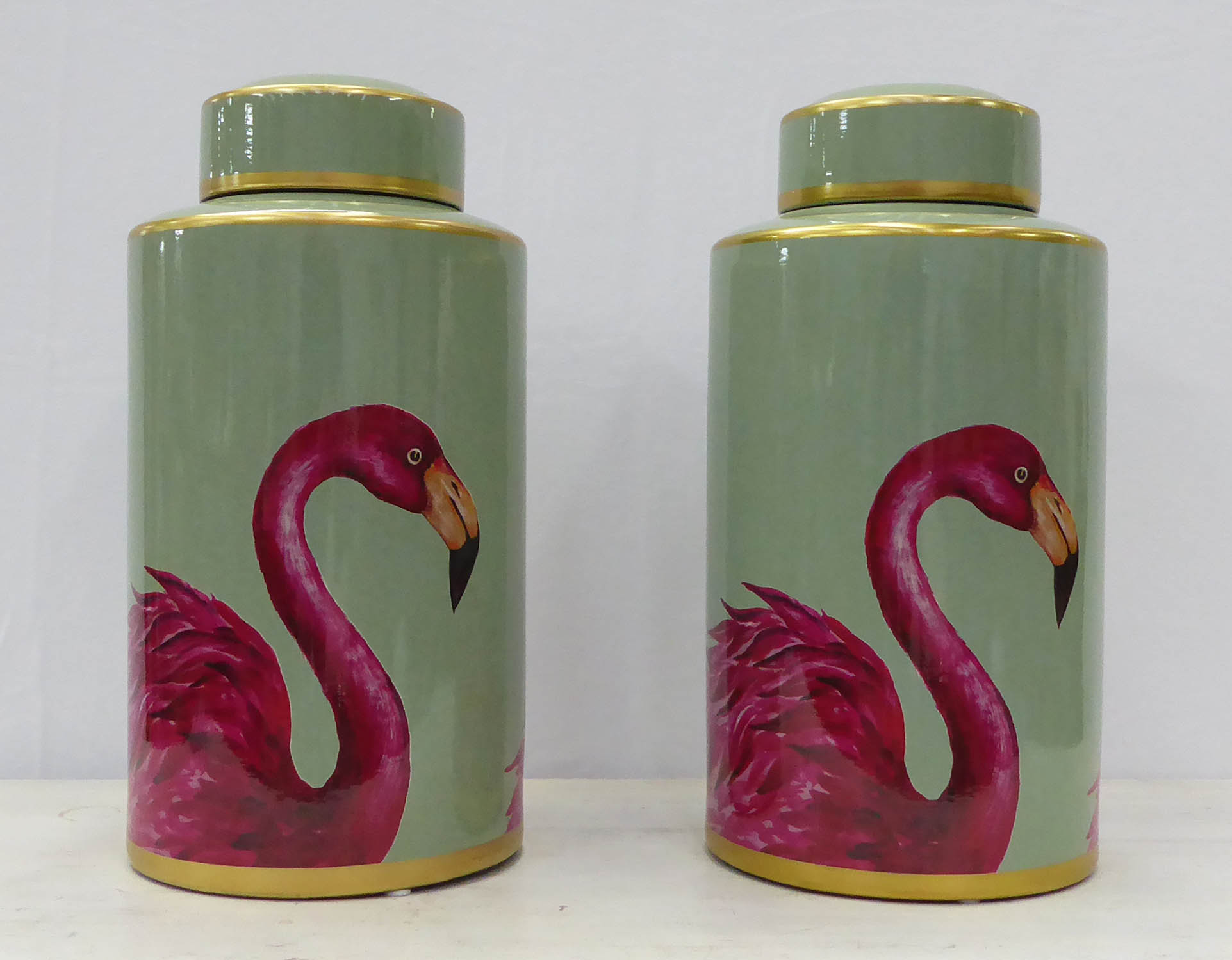 FLAMINGO JARS, a pair, with covers, 1950's Italian style, 41cm H. (2)