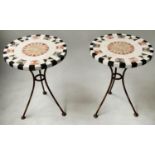 MOSAIC OCCASIONAL TABLES, a pair, pietra dura style circular with bent metal triform supports,