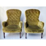 ARMCHAIRS, a pair, Victorian style buttoned soft green velvet with turned front supports, 73cm W. (