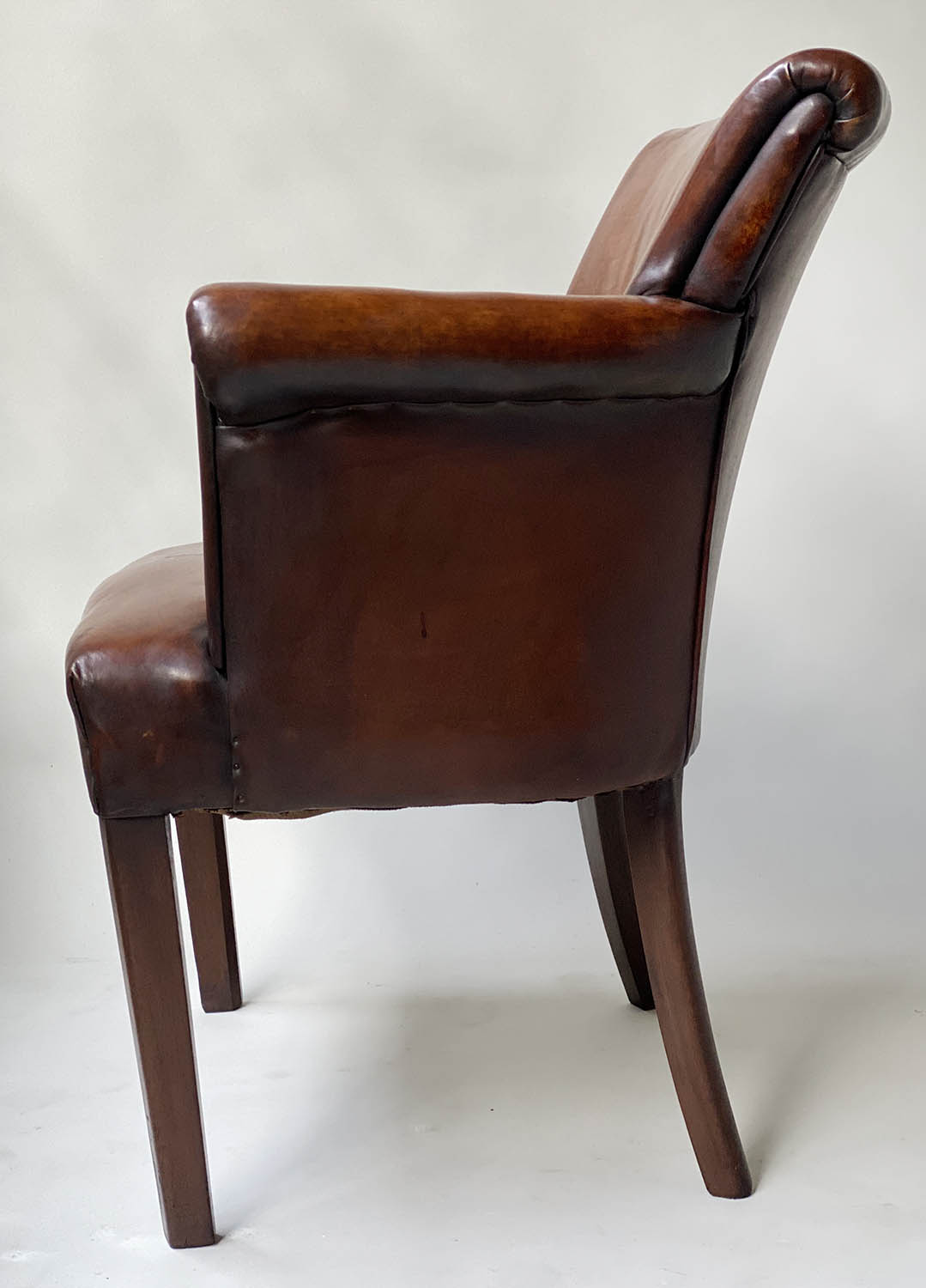 TUB ARMCHAIRS, a pair, vintage hand dyed tobacco brown leather, with arched rounded backs and - Image 7 of 7