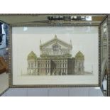 JOHN RICHARD 'The New Paris Opera House - Back Prospect', colour engraving, 60cm x 90cm, in bevelled