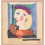 PABLO PICASSO 'Portrait of a Woman', on cotton, signed in the plate, 60cm x 55cm, framed and glazed.