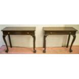 HALL TABLES, a pair, George III design mahogany each with shallow frieze drawer, claw and ball front