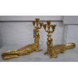 CROCODILE CANDELABRA, a pair, 1950's American style, 44cm H. (2)