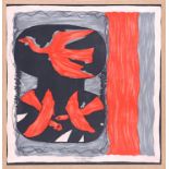 AFTER GEORGES BRAQUE 'Trois Oiseaux Rouge', on silk, 75cm x 72cm, framed and glazed.