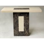 CONSOLE TABLE, 1970's, rectangular travertine top, with marble insert, on column base, 110cm W x