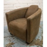 ROCKET STYLE ARMCHAIR, in brown close stitched Alacantara, 68cm W x 90cm L.