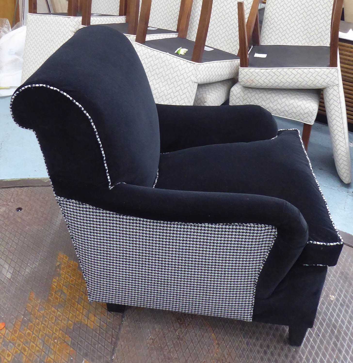 ARMCHAIR, with black velvet upholstery and a contrasting Houndstooth back and sides, 71cm W x 99cm - Image 3 of 4