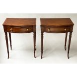 BEDSIDE/LAMP TABLES, a pair, Regency design mahogany and cross banded, each bow fronted, with frieze