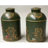 TEA CANNISTERS, a pair, dark green lacquered and Chinoiserie decorated with lids, 39cm H. (2)