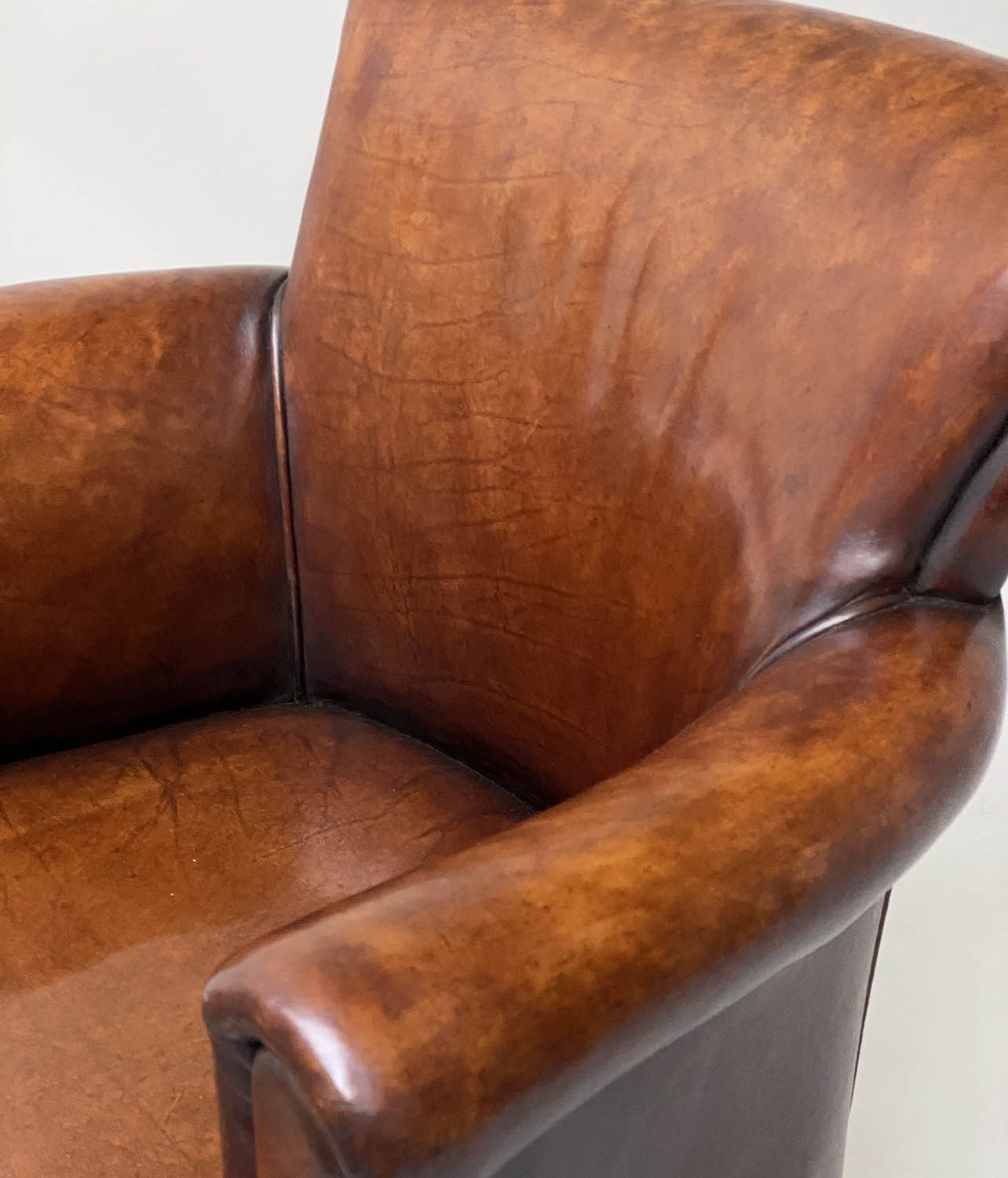 TUB ARMCHAIRS, a pair, vintage hand dyed tobacco brown leather, with arched rounded backs and - Image 6 of 7