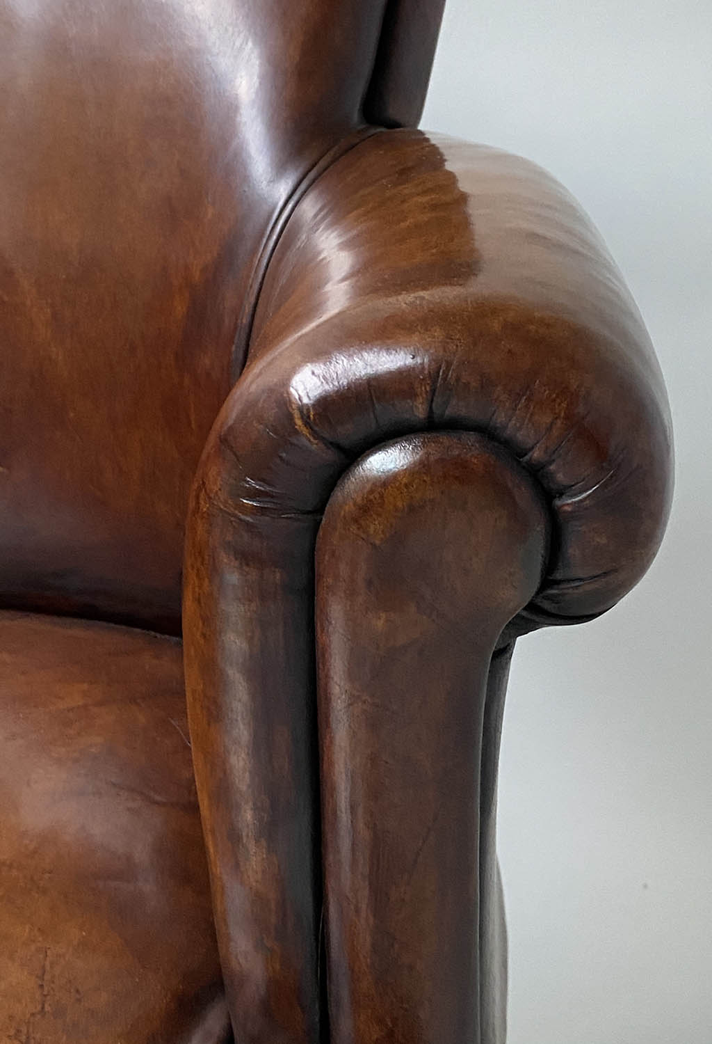 TUB ARMCHAIRS, a pair, vintage hand dyed tobacco brown leather, with arched rounded backs and - Image 4 of 7
