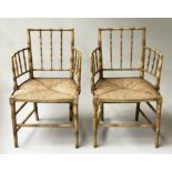 FAUX BAMBOO ARMCHAIRS, a pair, 19th century style, with rush seats, 60cm W. (2)