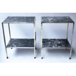 ETAGERES, a pair, silvered metal of two tiers with 'St Annes' marble shelves, 47cm x 33cm x 62cm