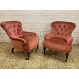 VICTORIAN ARMCHAIRS, a pair, velvet upholstered with curved button backs raised on turned front