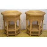 CONSERVATORY TABLES, a pair, wicker with hexagonal tops and under tiers, each 70cm H x 63cm W x 56cm