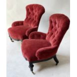 ARMCHAIRS, a pair, Victorian, ebonised, ebony and gilt decorated, with burgundy velvet cord