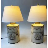 TABLE LAMPS, a pair, tea canister form and parchment painted with sailing ships, 70cm H. (2)