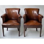 TUB ARMCHAIRS, a pair, vintage hand dyed tobacco brown leather, with arched rounded backs and