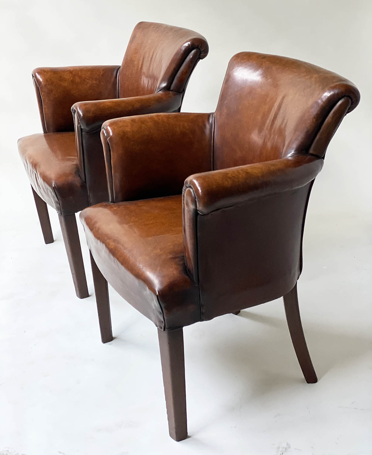 TUB ARMCHAIRS, a pair, vintage hand dyed tobacco brown leather, with arched rounded backs and - Image 3 of 7