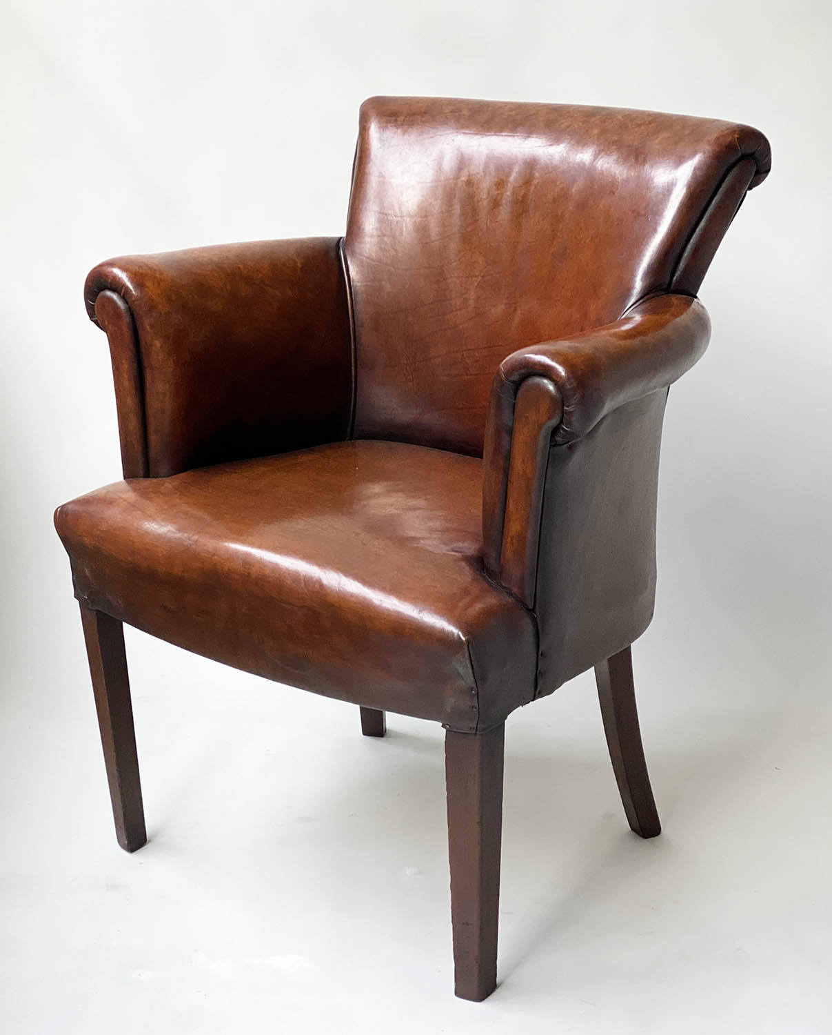 TUB ARMCHAIRS, a pair, vintage hand dyed tobacco brown leather, with arched rounded backs and - Image 5 of 7