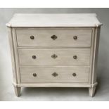 COMMODE, Gustavian style grey painted and silvered metal with three long drawers and fluted corner