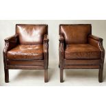 CLUB ARMCHAIRS, a pair, brass studded, hand finished leaf brown leather, with square backs, by '