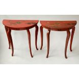 CONSOLE TABLES, a pair, early 20th century Chinese, red lacquer, each demi lune with gilt Chinoserie