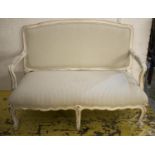 CANAPE, Louis XV style white painted in ticking fabric, 125cm W. (faint marks)