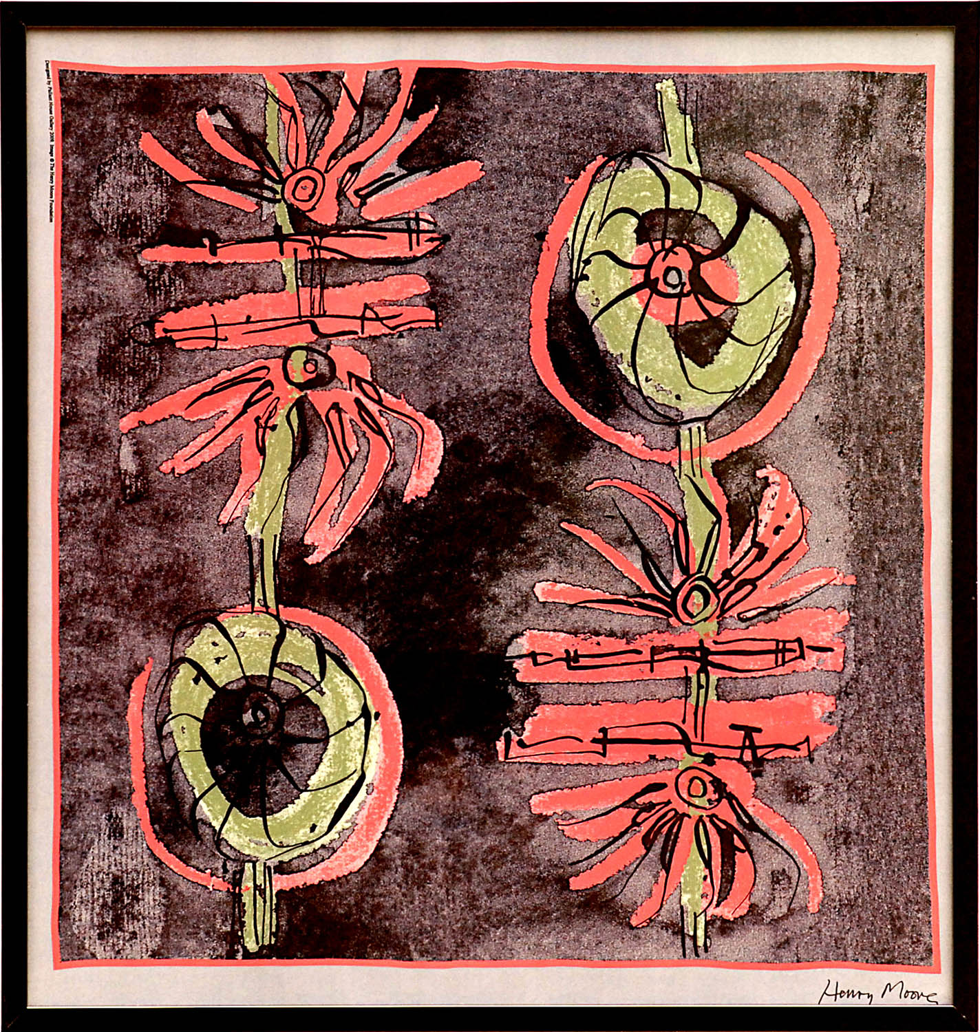 HENRY MOORE 'Flowers', on silk scarf, signed in the plate, 85cm x 80cm, framed and glazed. (