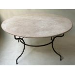 TRAVERTINE TABLE, circular travertine raised upon stretchered black metal support, 159cm x 76cm H.