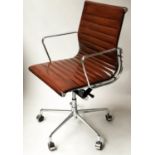 AFTER CHARLES AND RAY EAMES ALUMINIUM GROUP STYLE DESK CHAIR, with hand finished mid brown leather.