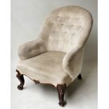 ARMCHAIR, Victorian walnut in ribbed grey velvet cord upholstery with button back and shaped