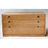 HEALS CHEST, by Archie Shine, yew wood with three long drawers, 100cm W x 45cm D x 54cm H.
